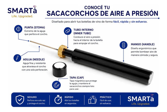Sacacorchos Neumático Plateado - Aguja a Presión de Aire para Vinos