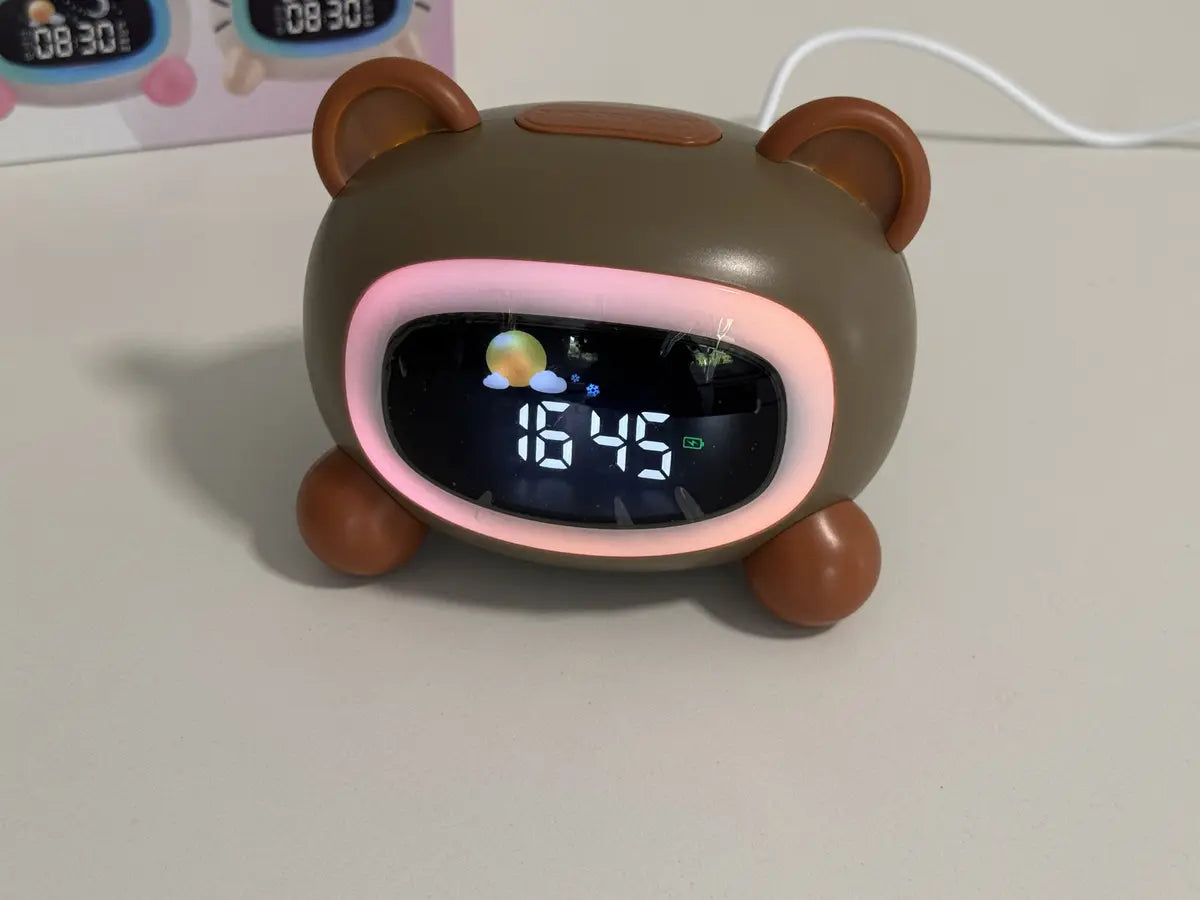 Reloj Despertador Digital Infantil Oso Marrón con Luz Nocturna y Sonidos USB-C