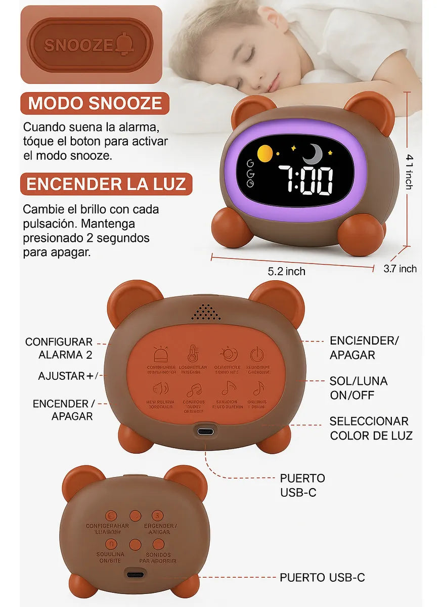 Reloj Despertador Digital Infantil Oso Marrón con Luz Nocturna y Sonidos USB-C