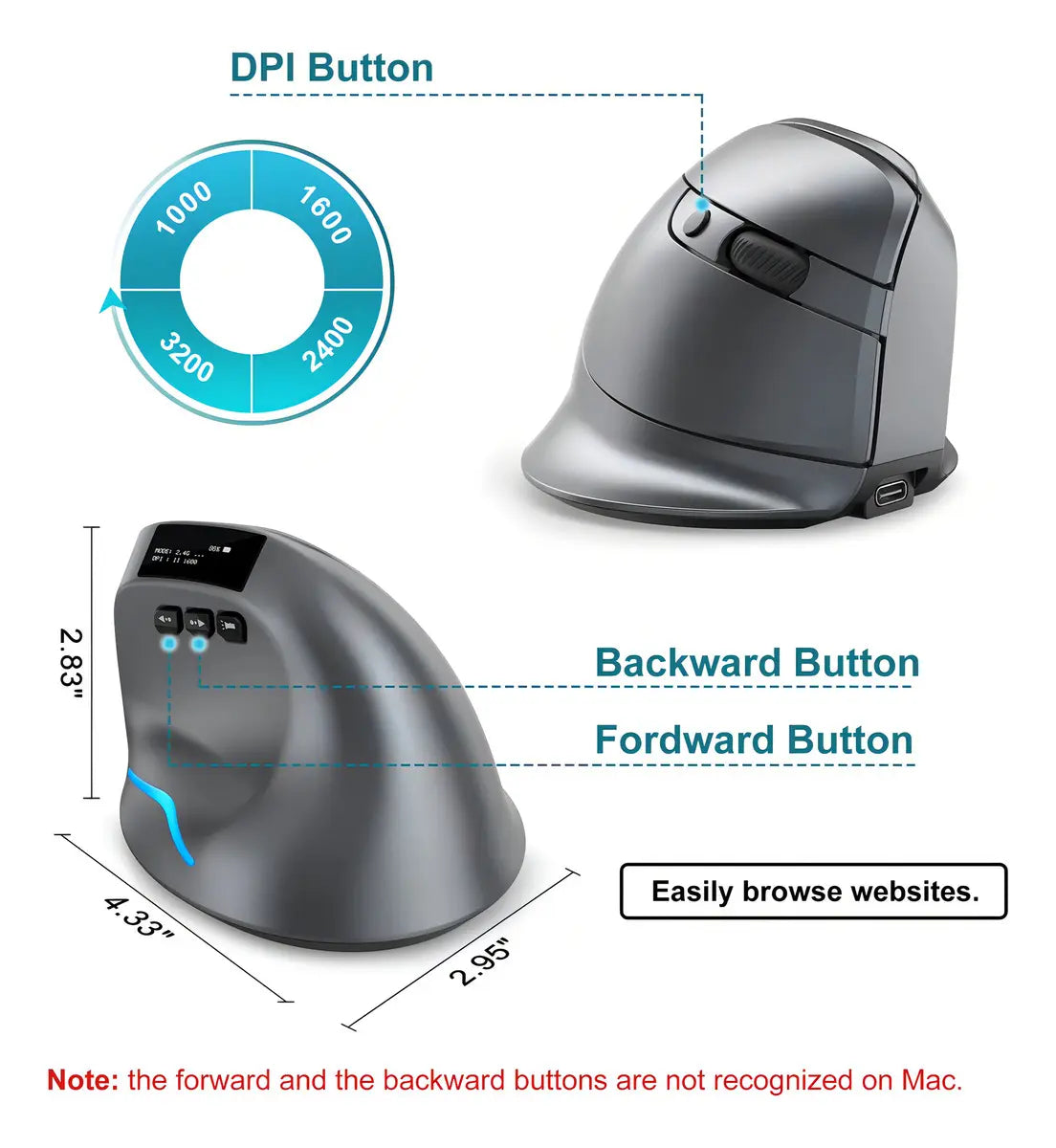 Mouse Vertical Inalámbrico Gamer Zelotes F26C Ergonómico RGB Bluetooth