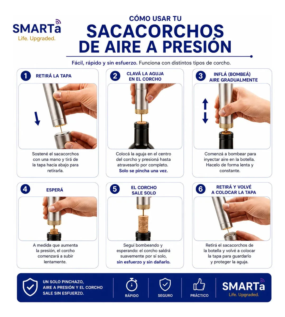 Sacacorchos de Presión Metálico Rose Gold para Vinos