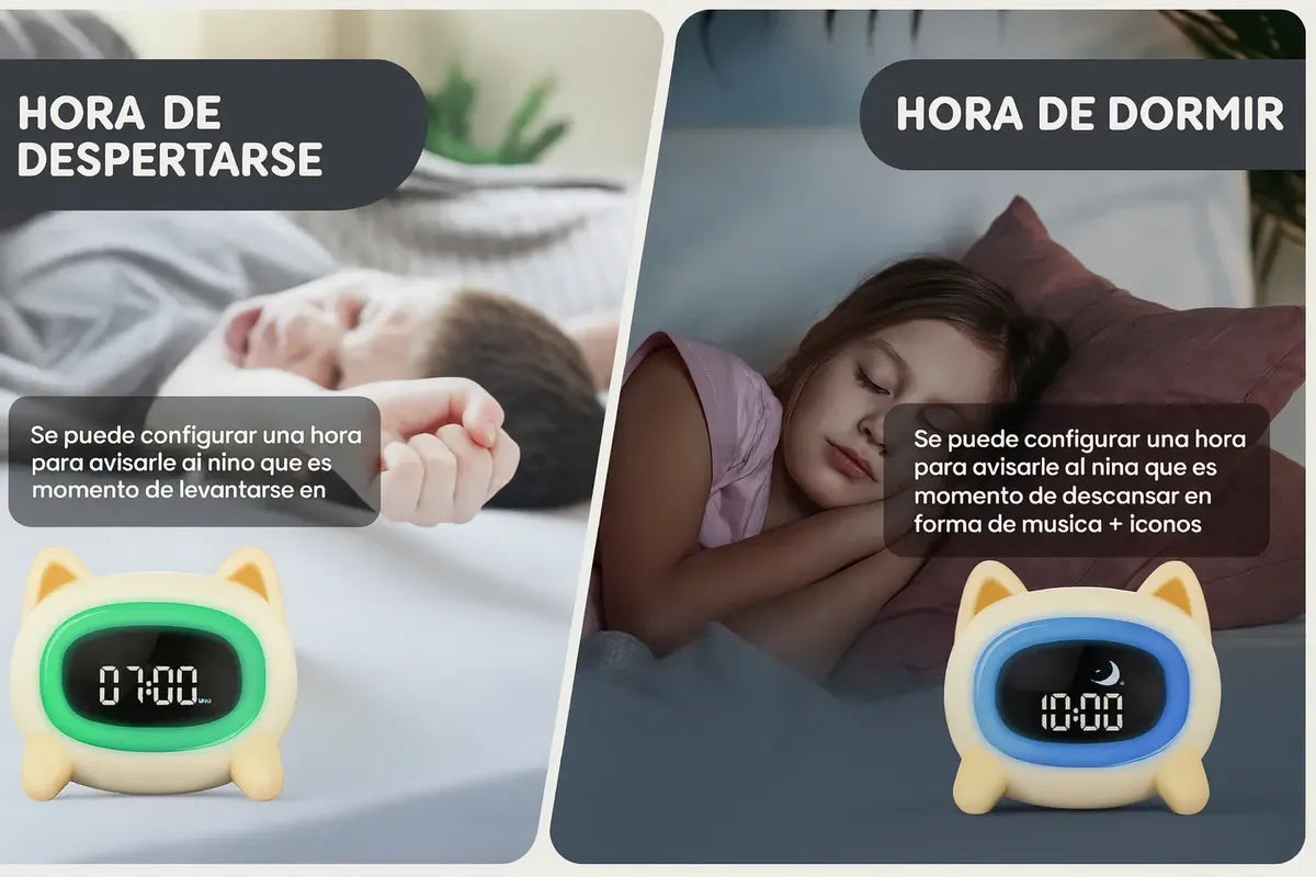 Reloj Despertador Infantil Gato Beige - Luz de Noche y Rutinas de Sueño