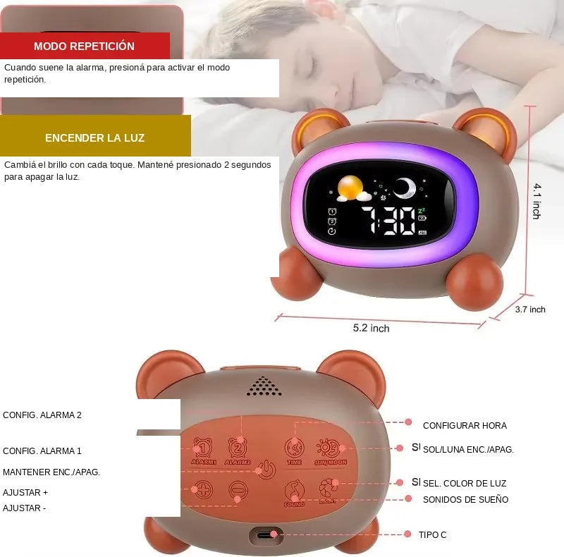 Reloj Despertador Infantil Gato Beige - Luz de Noche y Rutinas de Sueño