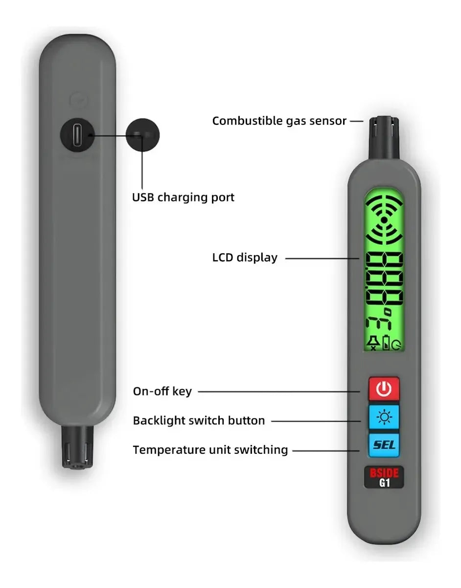 Detector De Gases Combustibles G1 Portátil Usb-C Regargable