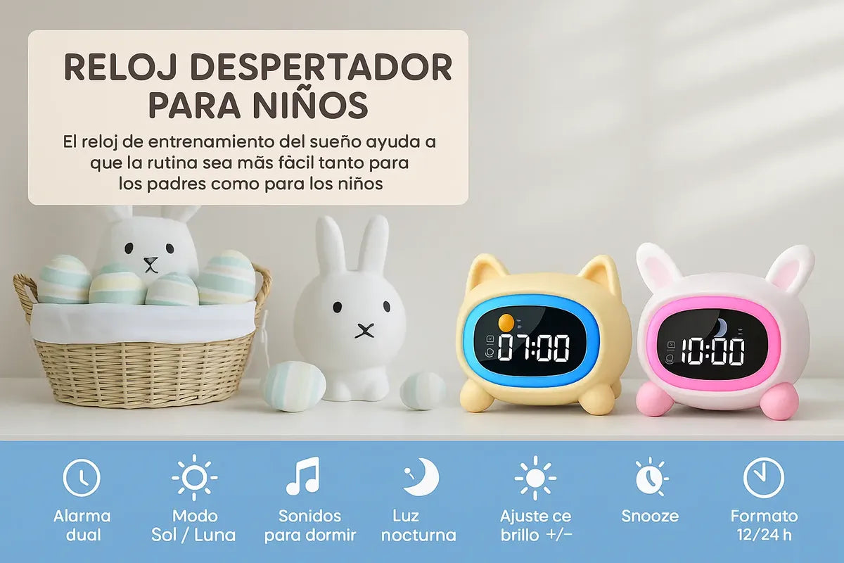Reloj Despertador Infantil Gato Beige - Luz de Noche y Rutinas de Sueño