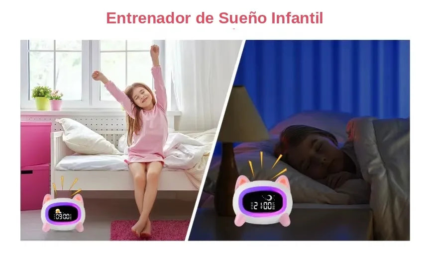 Reloj Despertador Infantil Gato Beige - Luz de Noche y Rutinas de Sueño