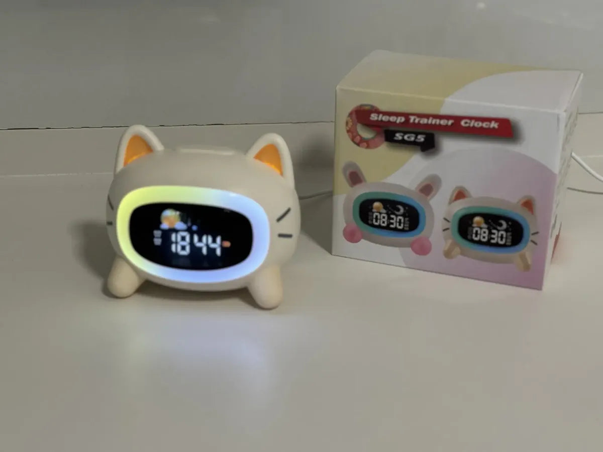 Reloj Despertador Infantil Gato Beige - Luz de Noche y Rutinas de Sueño