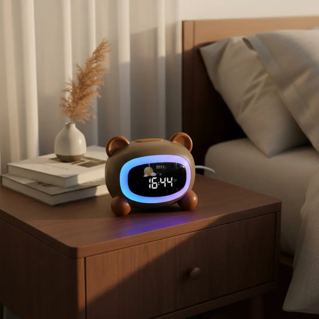 Reloj Despertador Digital Infantil Oso Marrón con Luz Nocturna y Sonidos USB-C