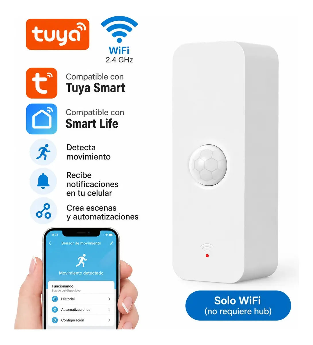 Sensor de Movimiento Inalámbrico PIR WiFi Compatible Tuya/Smart Life Blanco
