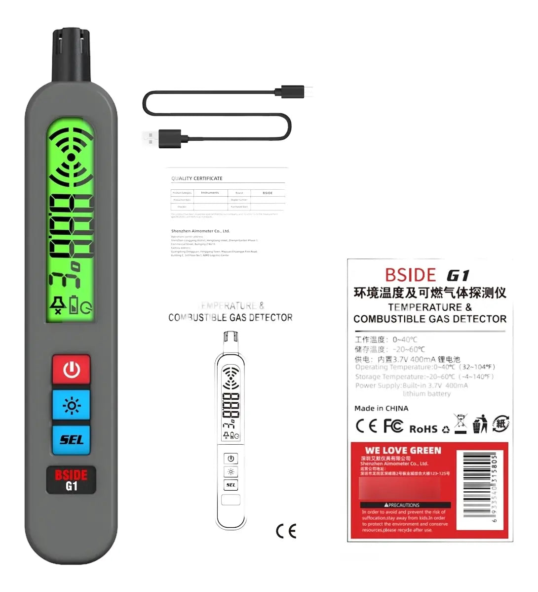 Detector De Gases Combustibles G1 Portátil Usb-C Regargable