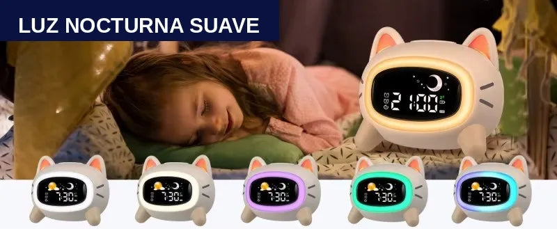 Reloj Despertador Infantil Gato Beige - Luz de Noche y Rutinas de Sueño