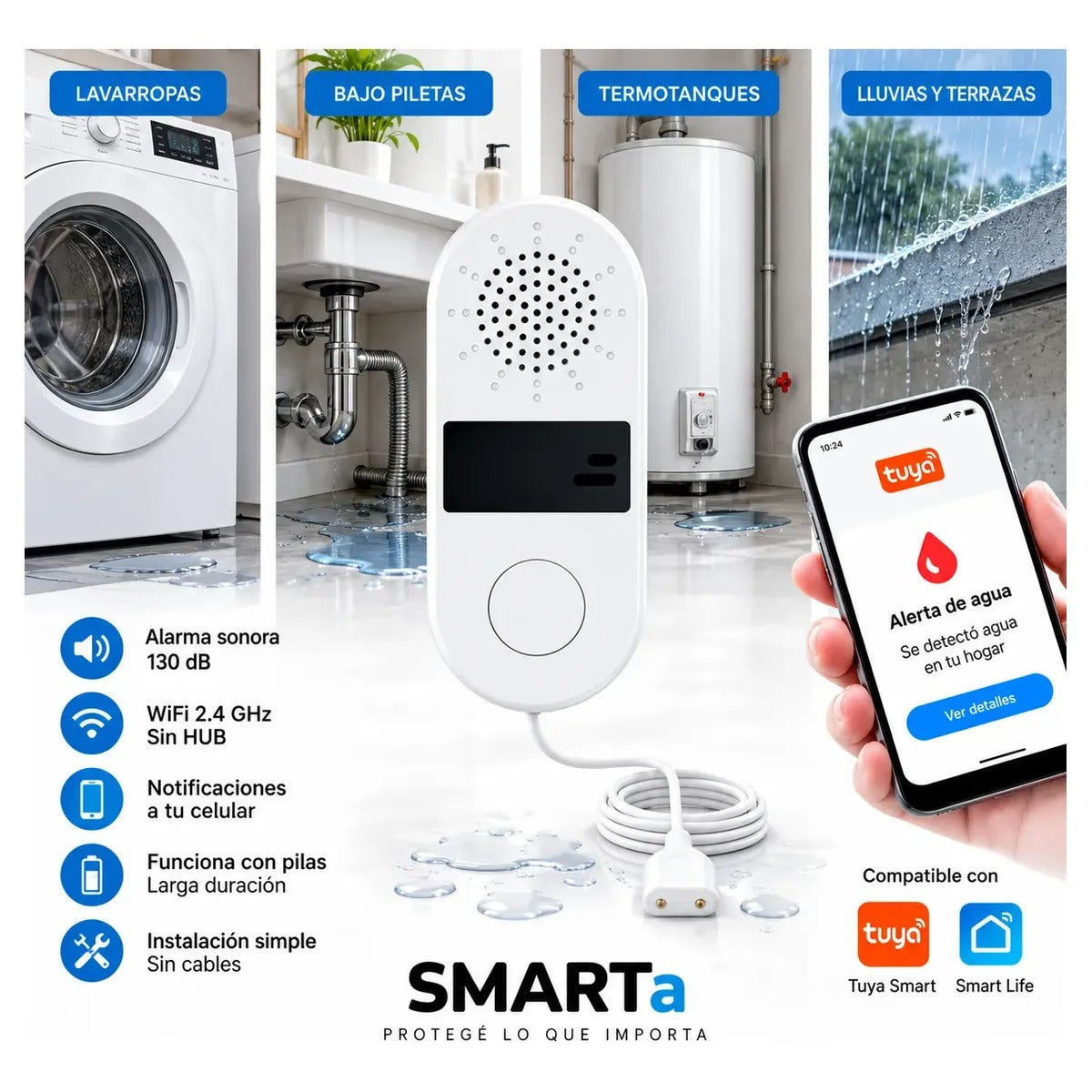 Sensor De Agua Por Contacto Fugas Derrames WiFi Alarma