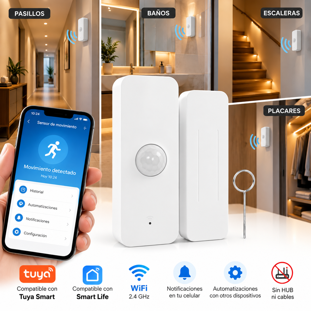 Sensor de Movimiento Inalámbrico PIR WiFi Compatible Tuya/Smart Life Blanco