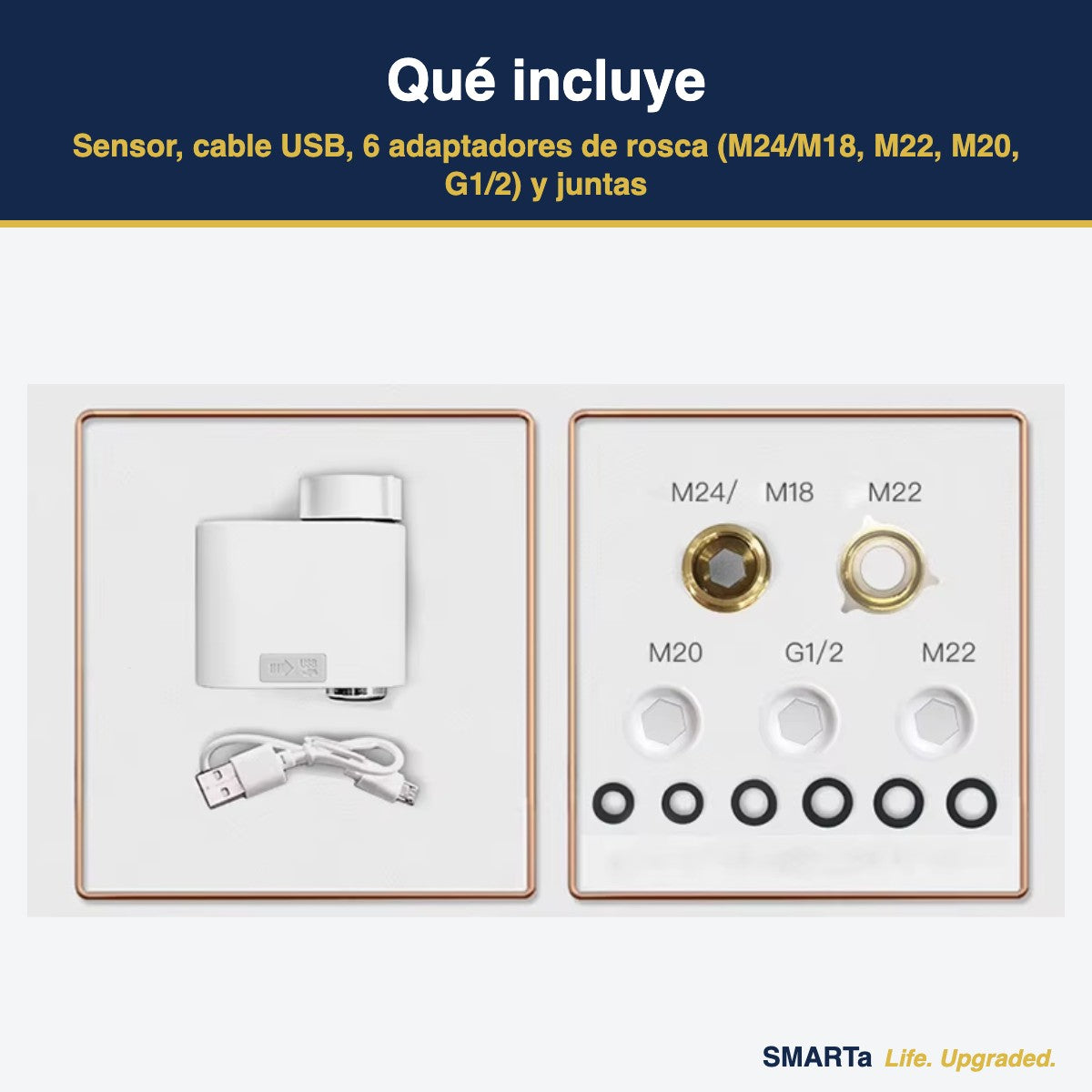 Qué incluye: sensor, cable USB, adaptadores y juntas