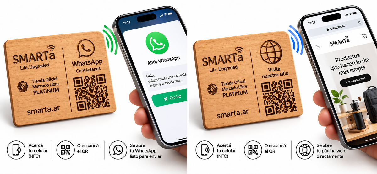 Tarjeta NFC de madera personalizada con QR para WhatsApp y página web